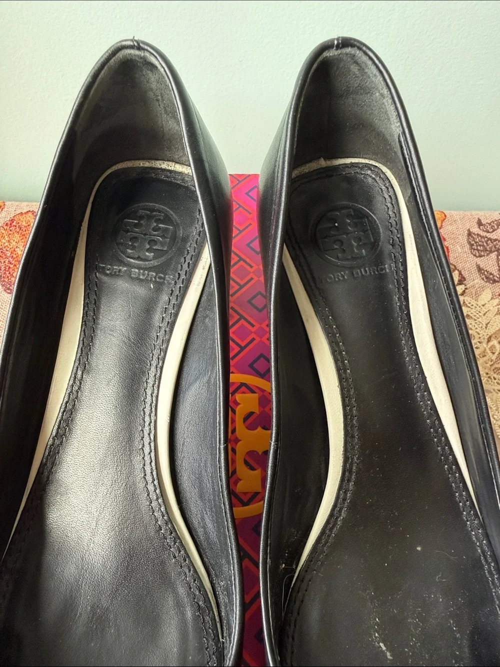 Tory Burch Black and Cream Cap-Toe Ballet Flats with Logo Medallion